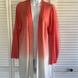 Chicos Orange White Ombre Linen Open Cardigan W/ Button-Tab Sleeves Size 10